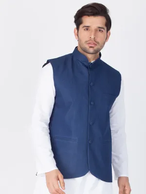 Jashvi Men's Blue Cotton Blend Ethnic Jacket