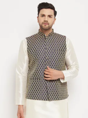 Jashvi Men's Blue Cotton Silk Blend Ethnic Jacket