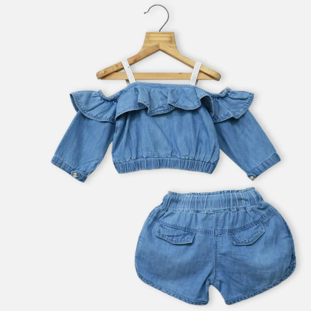 Blue Cold Shoulder Crop Top With Shorts Co-Ord Set