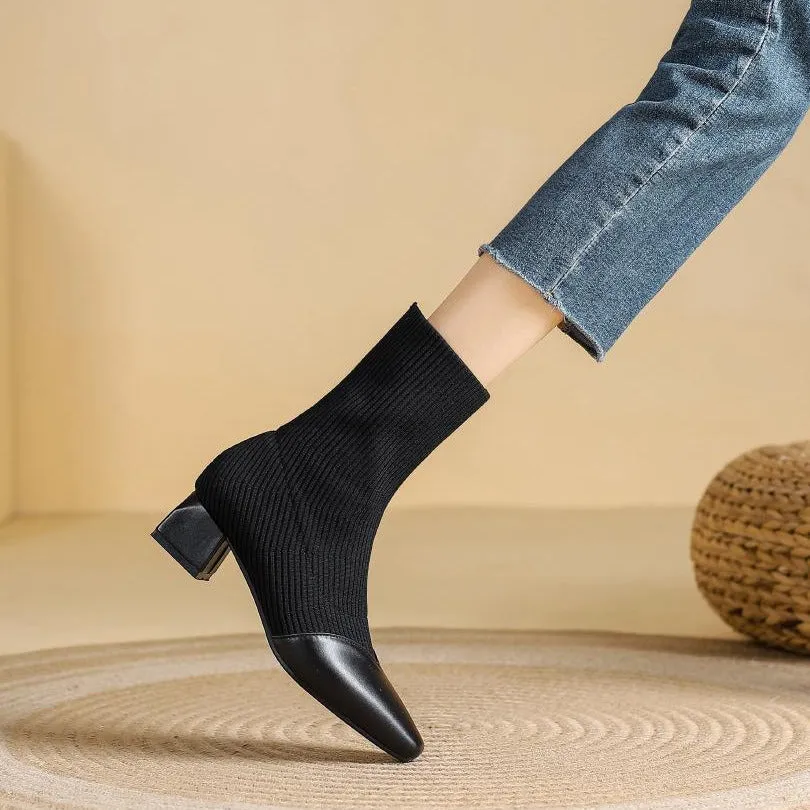 Chunky Heels Knit Stretch Sock Boots