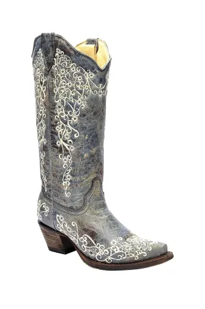 Corral Women's 12-inch Brown Turquoise/Beige Embroidery Snip Toe Pull-On Cowboy Boots