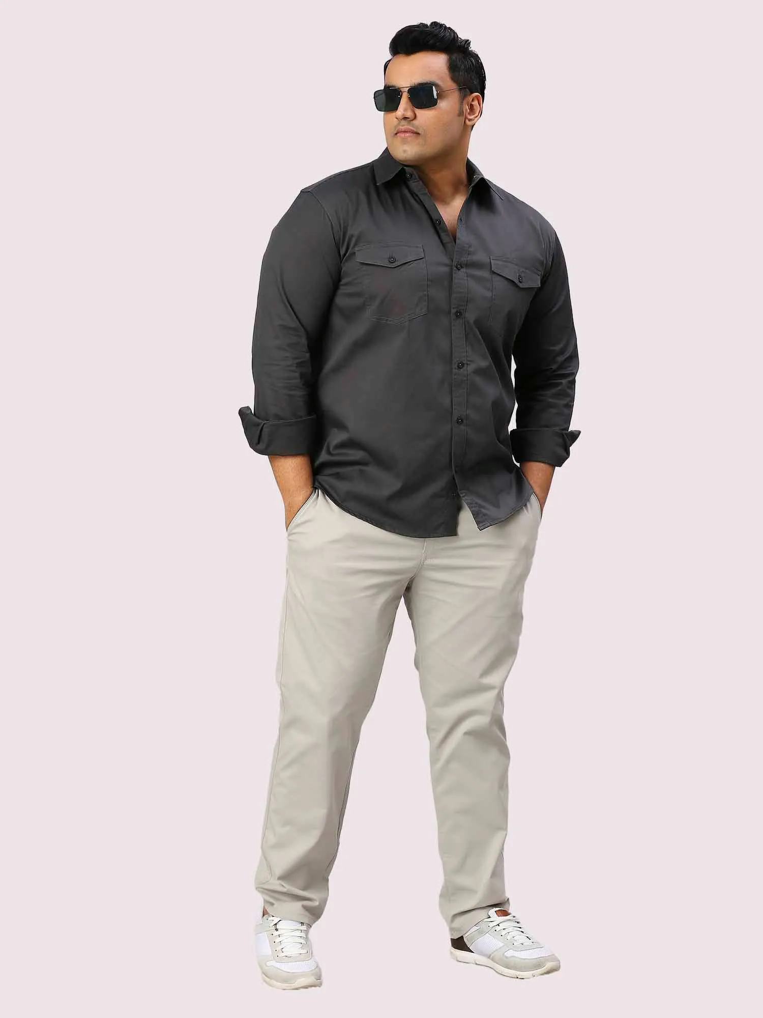 Cream Solid Cotton Trouser Men's Plus Size