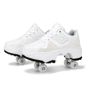 Deformable Four-wheel Retractable Double-row Dual-purpose Roller Skates, Size: 35(DF09 White)