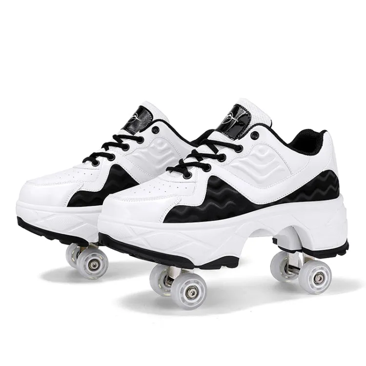 Deformable Four-wheel Retractable Double-row Dual-purpose Roller Skates, Size: 37(DF09 White Black)