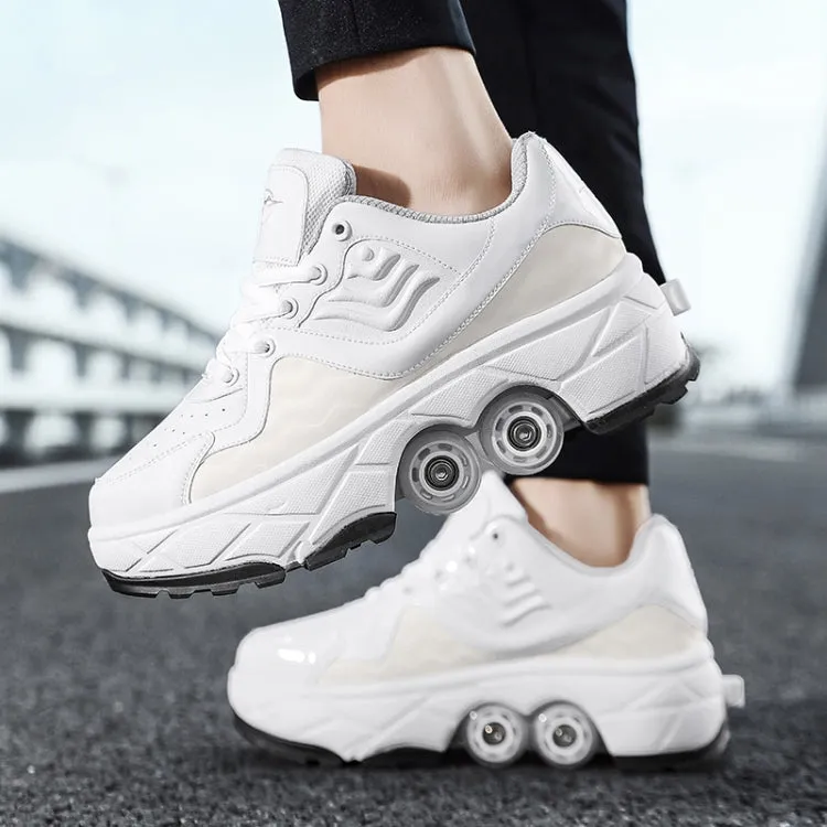 Deformable Four-wheel Retractable Double-row Dual-purpose Roller Skates, Size: 37(DF09 White Black)