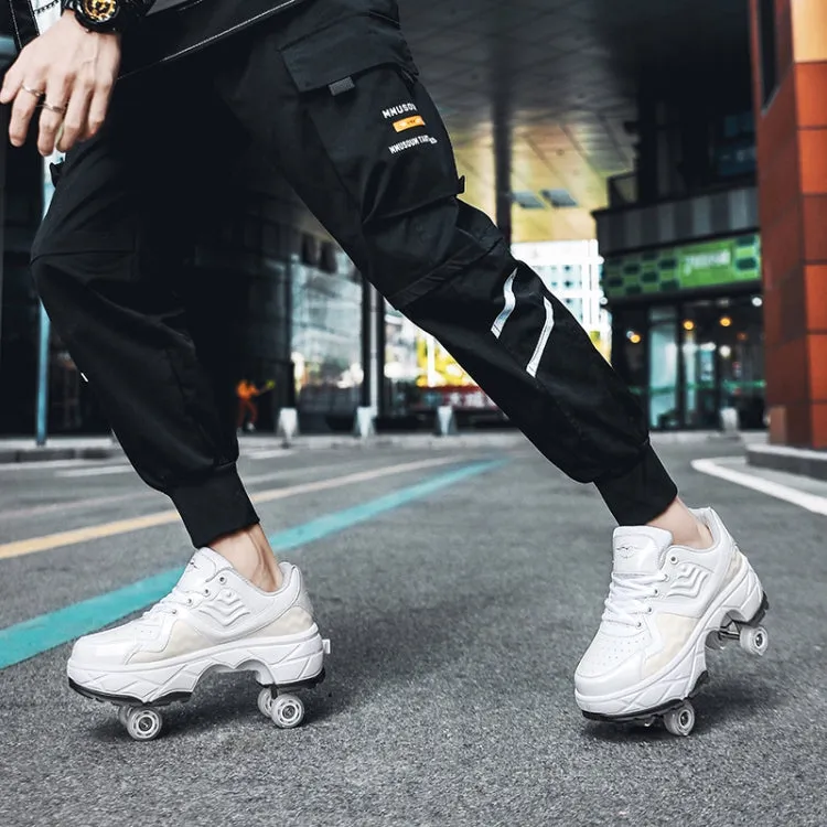 Deformable Four-wheel Retractable Double-row Dual-purpose Roller Skates, Size: 37(DF09 White Black)