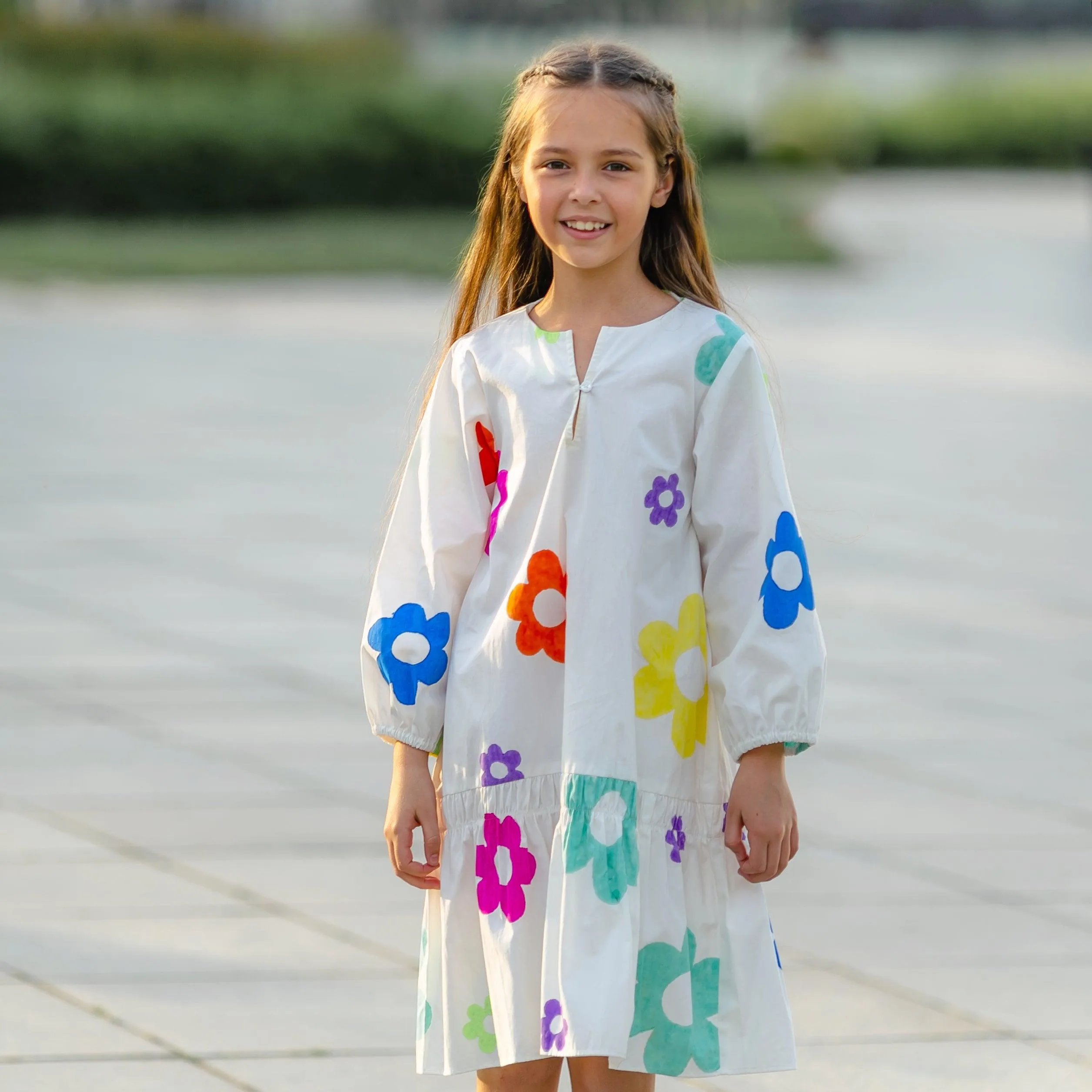 Dreamcatcher-  White Dress with Multi-Coloured Flowers for Girls