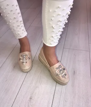 Espadrille slip on embellished casual shoe - champagne & black