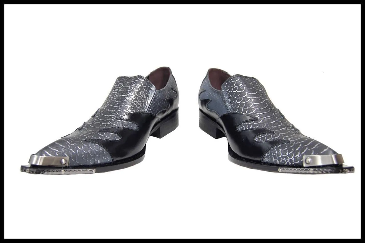 Fiesso Croco Print Pointed Leather Slip-on Shoes