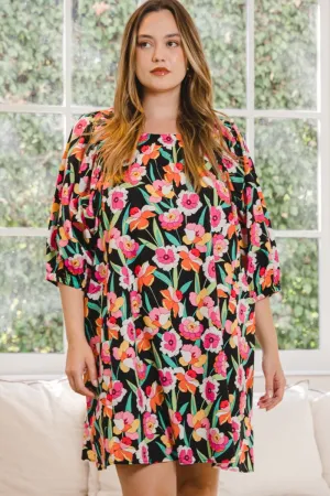 Full Size Floral Puff Sleeve Mini Dress