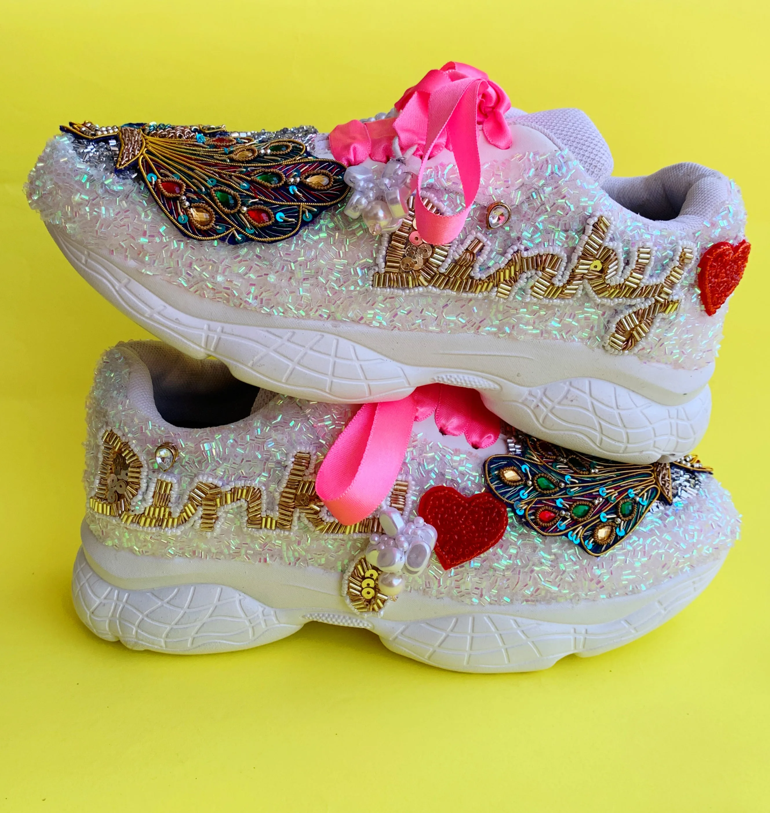 FUNKY N TRENDY custom name dual hand work sneakers for brides / bridesmaids/peacock shoes/ silver sneakers / gold shoes