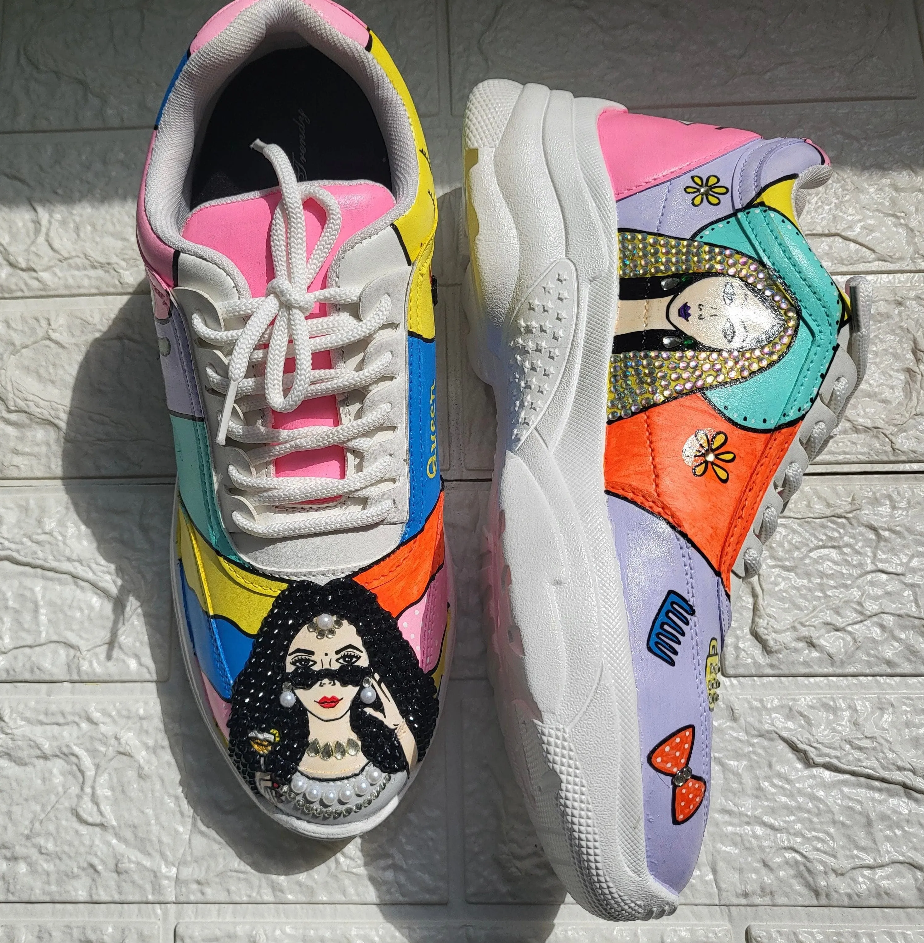 Funky N Trendy hand painted with water resistant colors, rhinestone work bridal sneakers/ bridesmaid sneaker / colorful sneakers/ funky sneakers / MUA theme sneakers / makeup sneakers