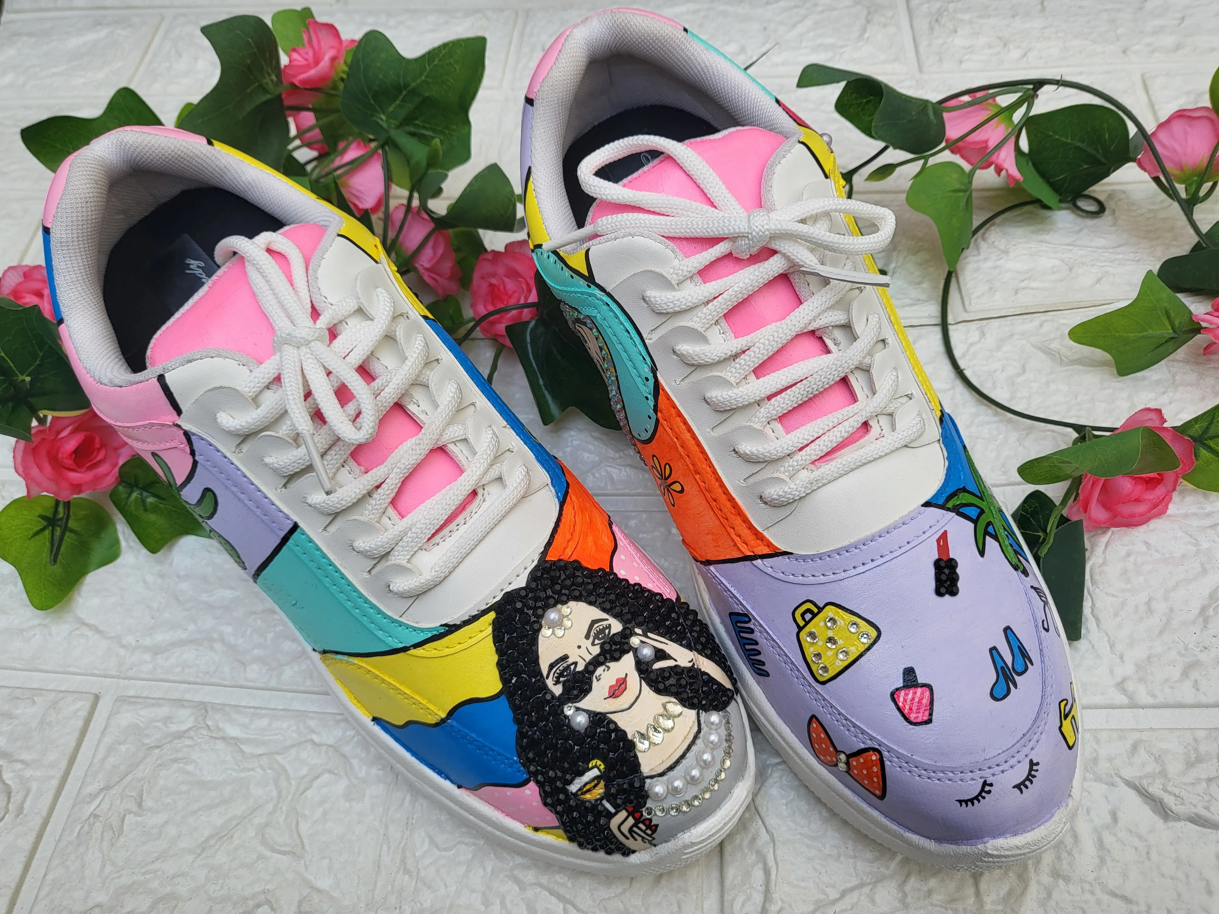 Funky N Trendy hand painted with water resistant colors, rhinestone work bridal sneakers/ bridesmaid sneaker / colorful sneakers/ funky sneakers / MUA theme sneakers / makeup sneakers