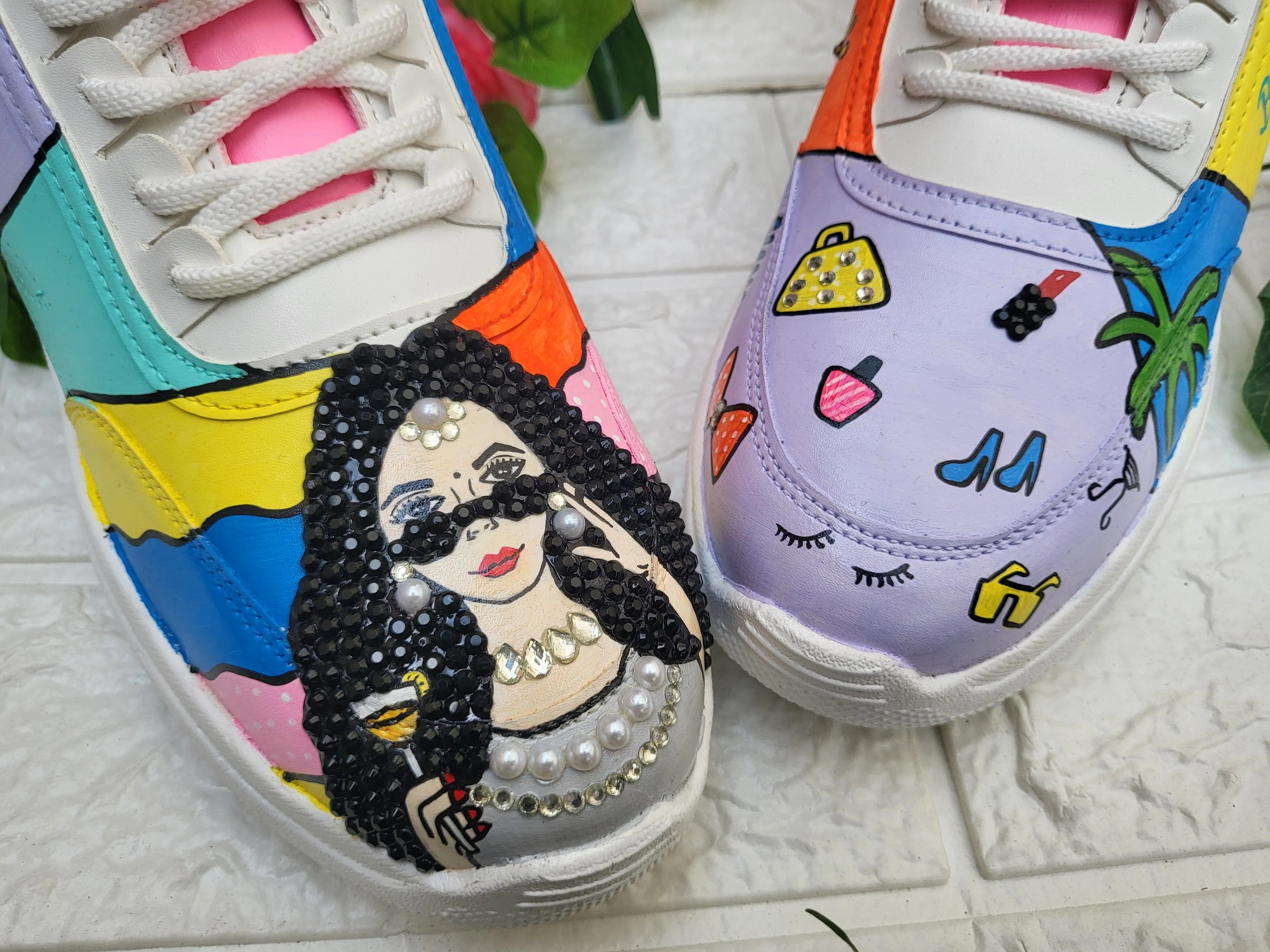 Funky N Trendy hand painted with water resistant colors, rhinestone work bridal sneakers/ bridesmaid sneaker / colorful sneakers/ funky sneakers / MUA theme sneakers / makeup sneakers