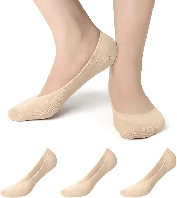 Gelaiya Fashion Non-Slip Heel Women's Invisible Socks - 3 Pairs (Beige)