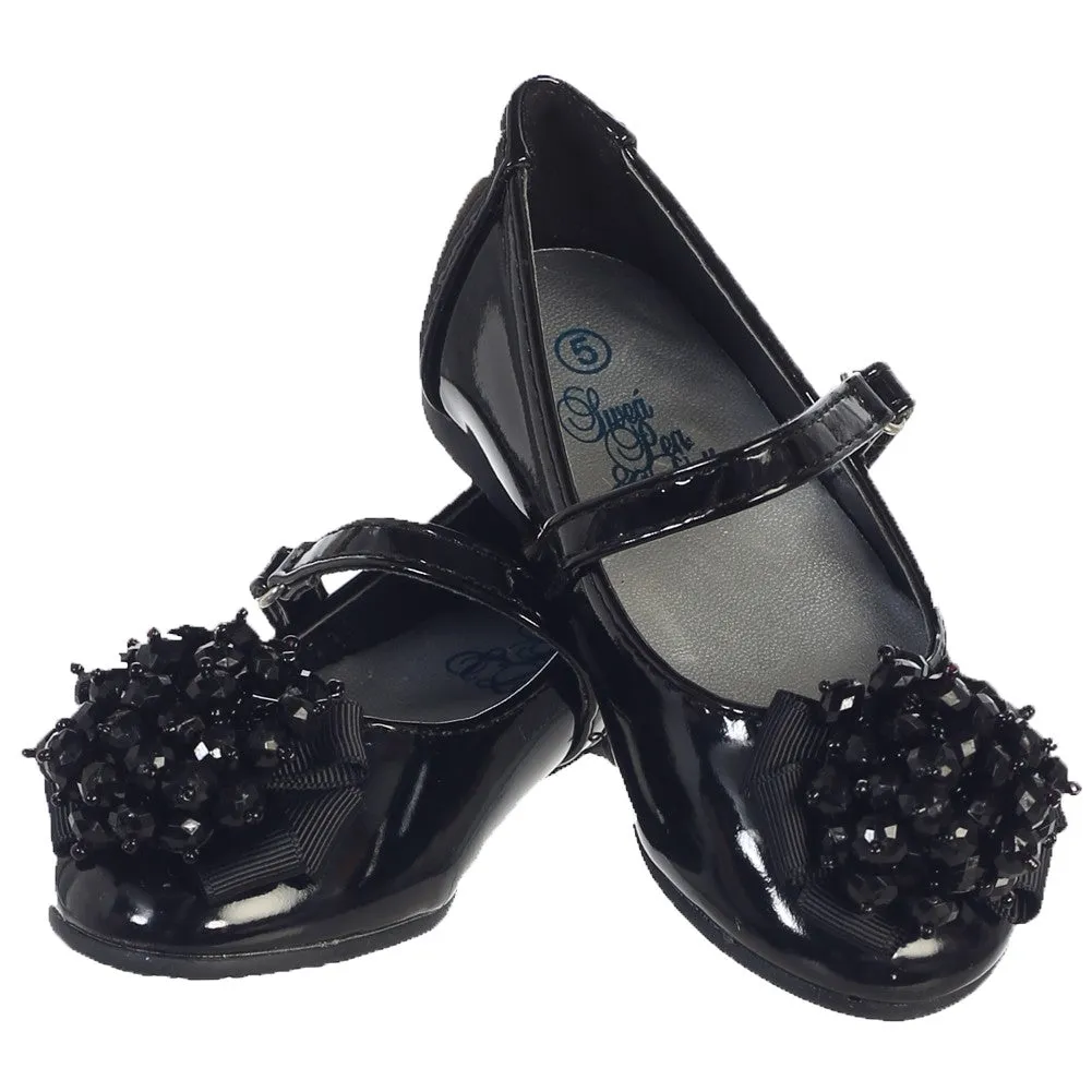 Girls Black Crystal Bead Bow Anna Occasion Dress Shoes 6 Toddler-3 Kids