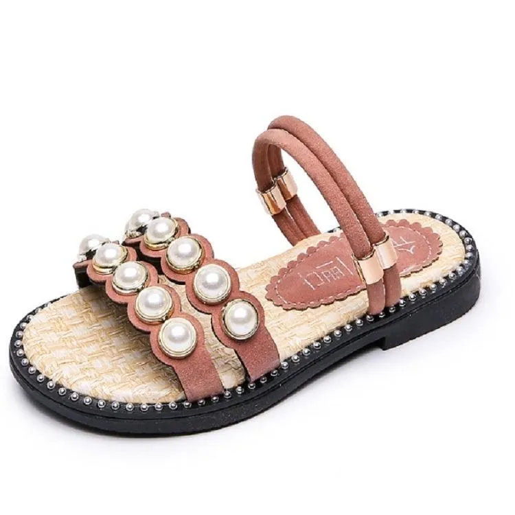 Girls' Pearl Adorned Summer Slippers - Versatile Two-Way Baby Shoes