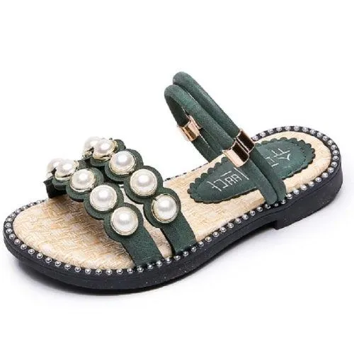 Girls' Pearl Adorned Summer Slippers - Versatile Two-Way Baby Shoes