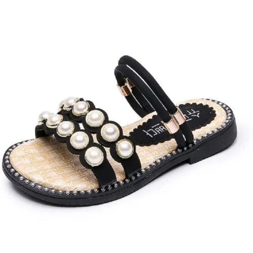 Girls' Pearl Adorned Summer Slippers - Versatile Two-Way Baby Shoes