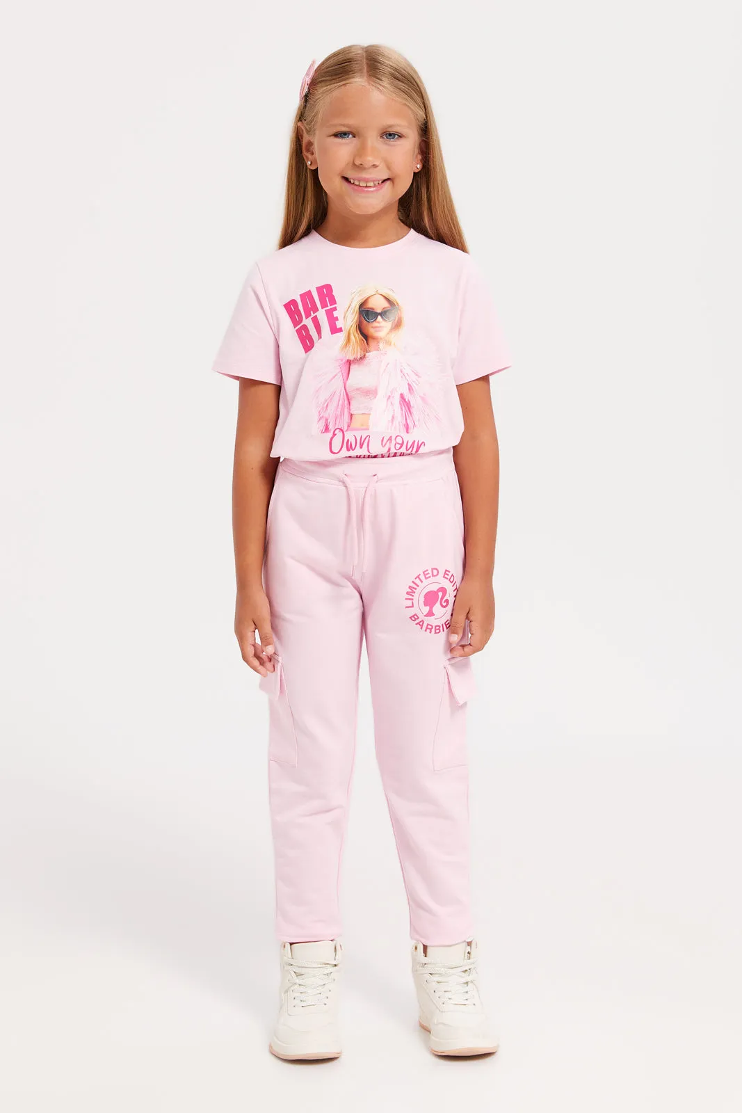 Girls Pink Barbie Printed Track Pants