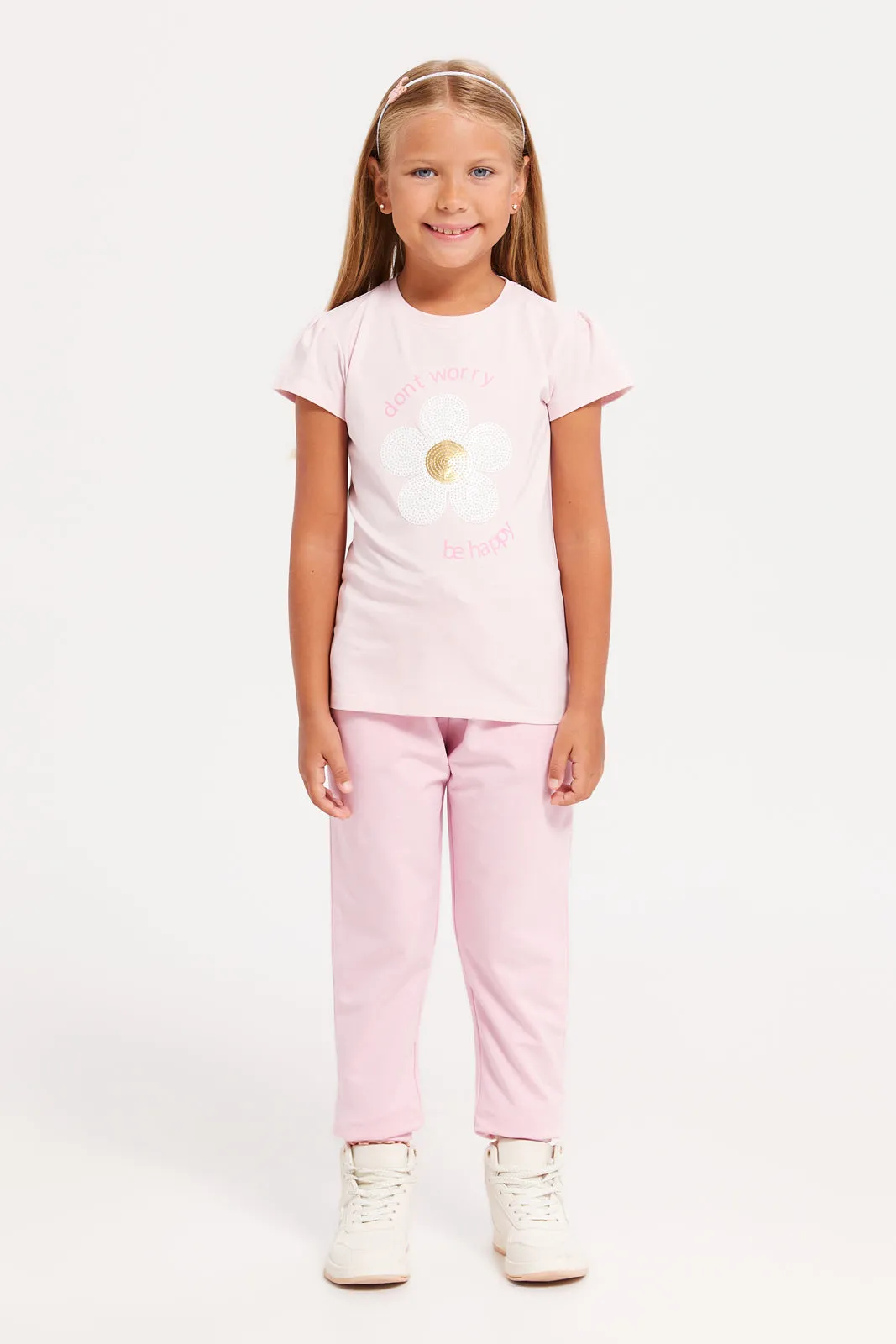 Girls Pink Flower Embroidered Track Pants