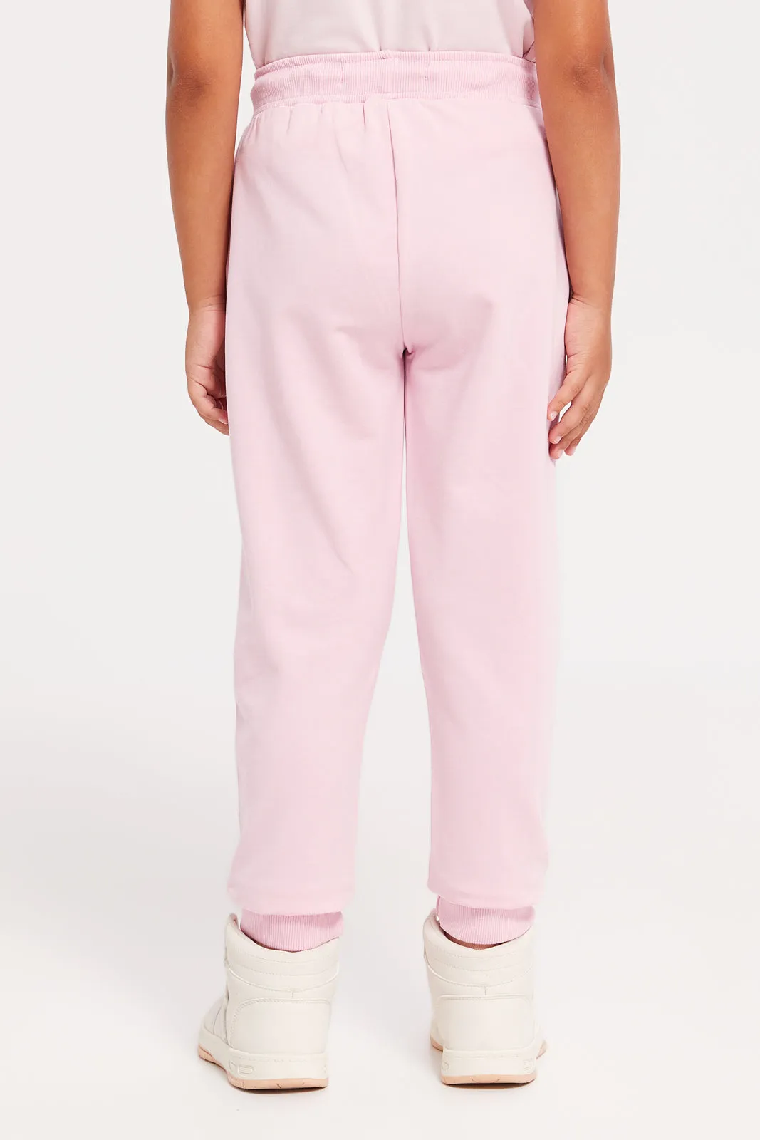 Girls Pink Flower Embroidered Track Pants