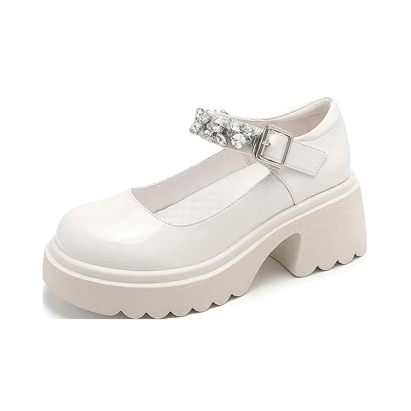 Hnzxzm New Water Diamond Thick Sole Mary Jane Shoes Vintage Round Toe with Skirt Shallow Mouth Small Leather Shoes