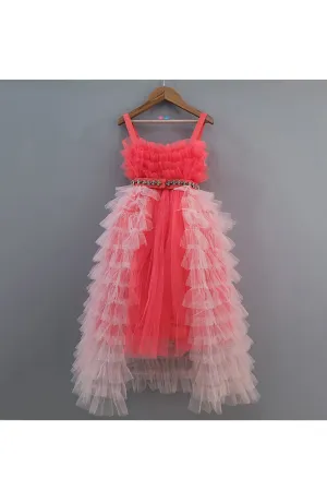 Hot Pink Net Gown With Detachable Frill Trail