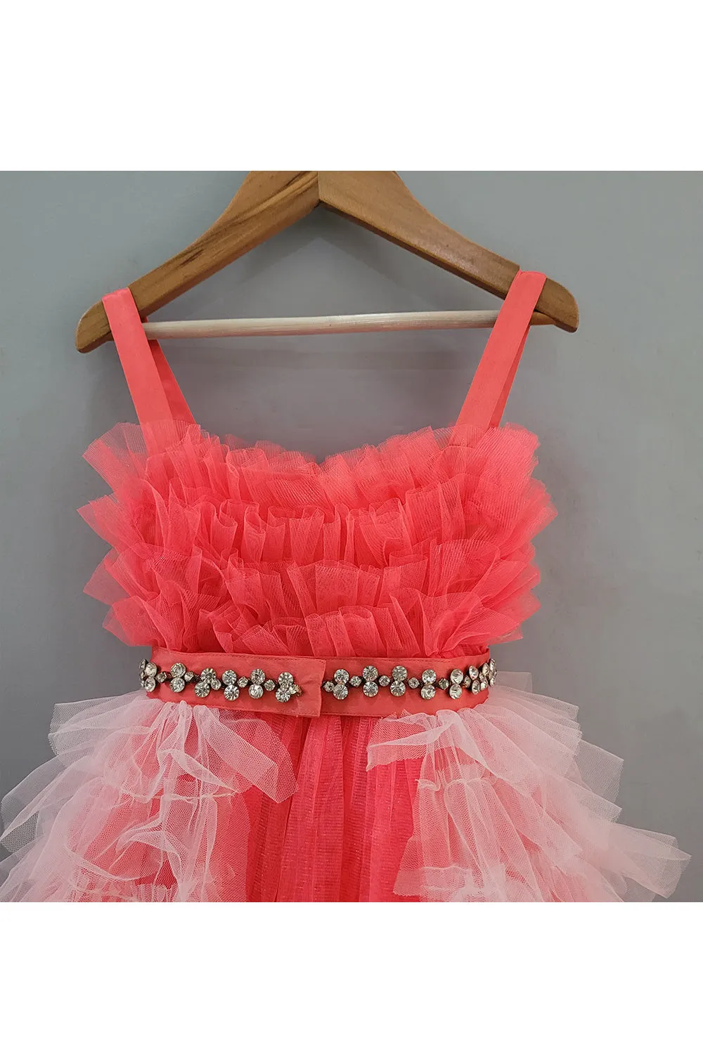 Hot Pink Net Gown With Detachable Frill Trail