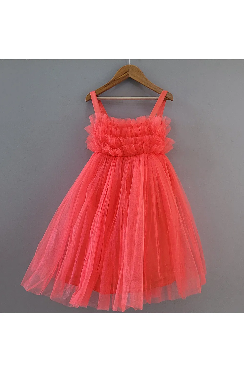 Hot Pink Net Gown With Detachable Frill Trail