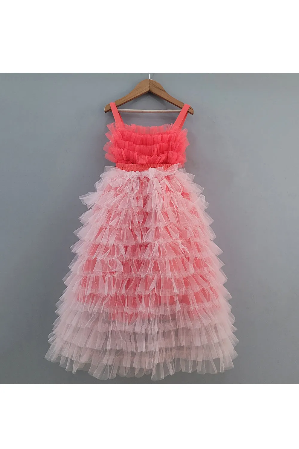 Hot Pink Net Gown With Detachable Frill Trail