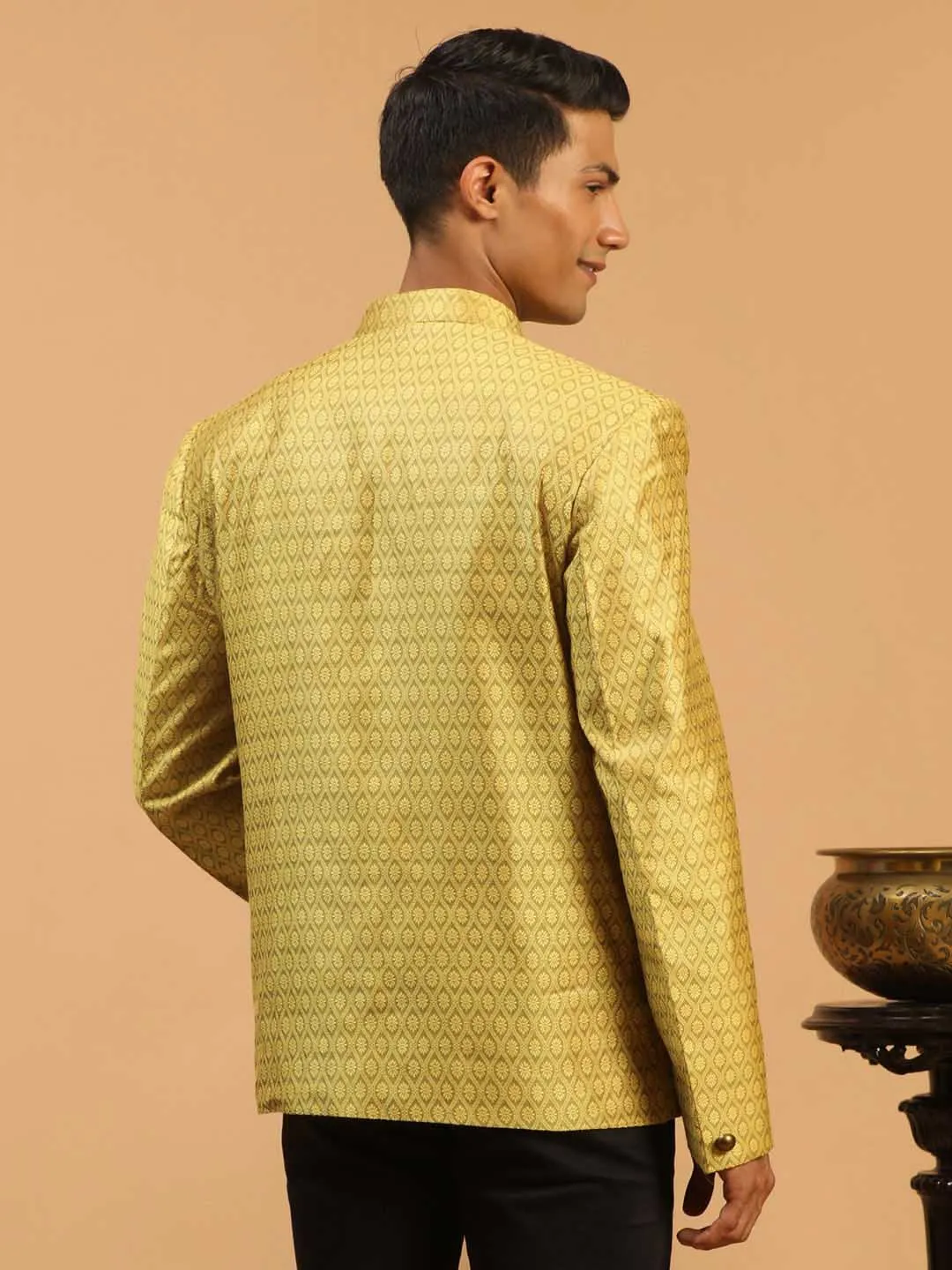 Jashvi Men's Yellow Silk Blend Woven Jodhpuri