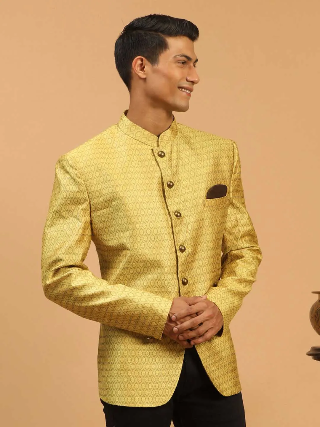 Jashvi Men's Yellow Silk Blend Woven Jodhpuri