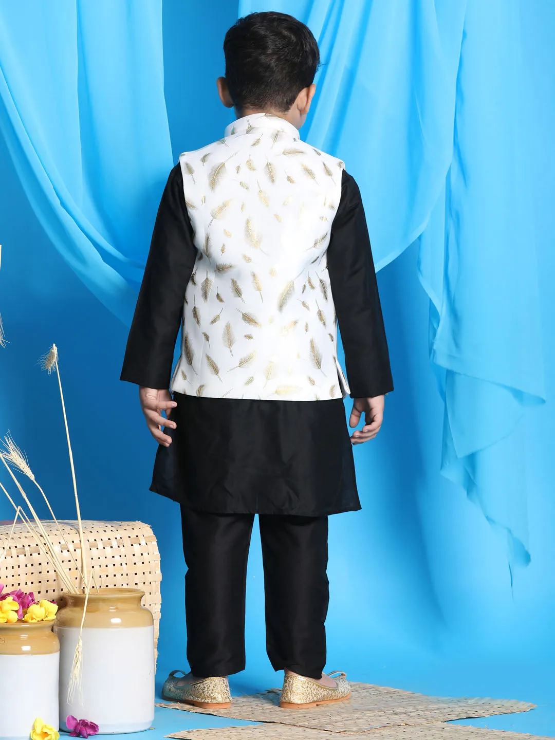 Jashvi White And Gold Scuba Foil Print Nehru Jacket And Black Solid Kurta Pyjama Set