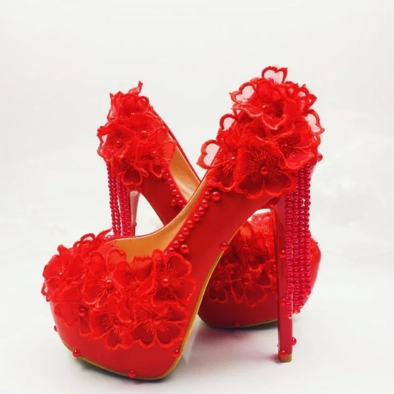 Lace Flower Rhinestone High-heeled Shoes