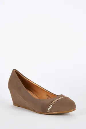 Large Size Mocha Wedge Shoes with Chain Detail