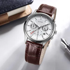 Men's Leather Band Analog Quartz Watch with Round Dial