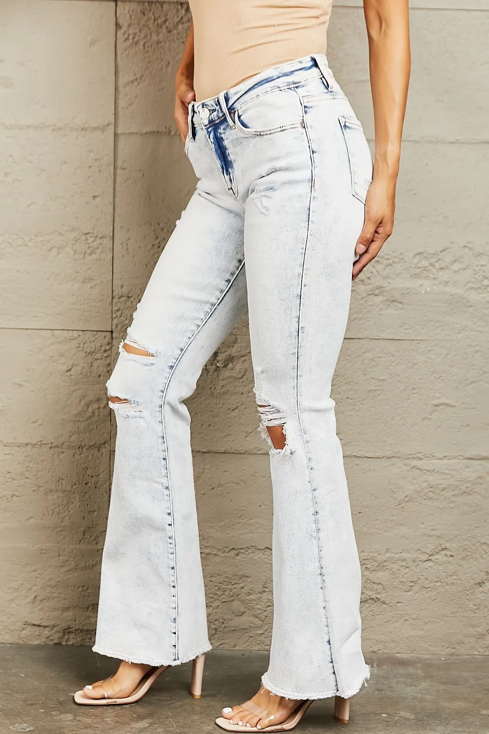 Mid Rise Acid Wash Distressed Jeans