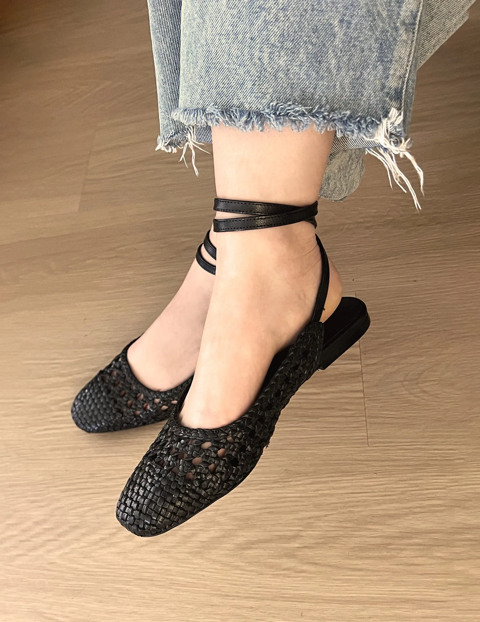 Monet Black Leather Woven Flats