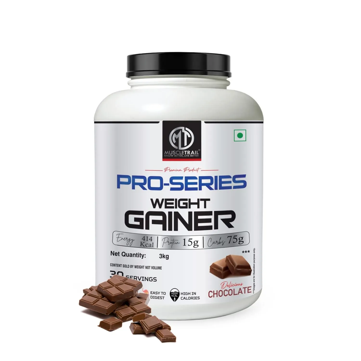 MuscleTrail Pro Series Weight Gainer Powder | (Chocolate, 3kg) | 15g Protein, 414 Calories, 75g Carbs, High in Calories for Weight gain