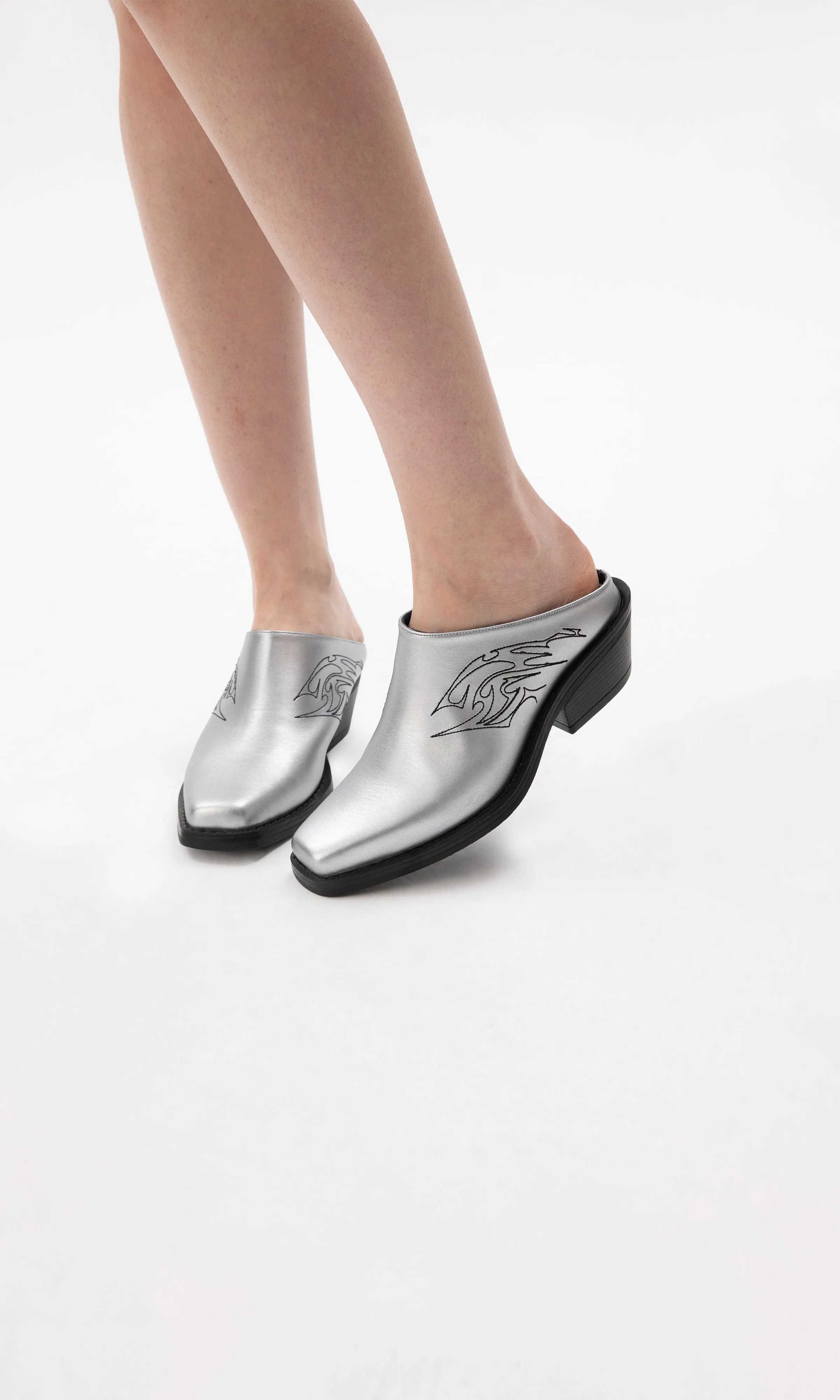 Regan Vegan Apple Leather Western Mules | Silver