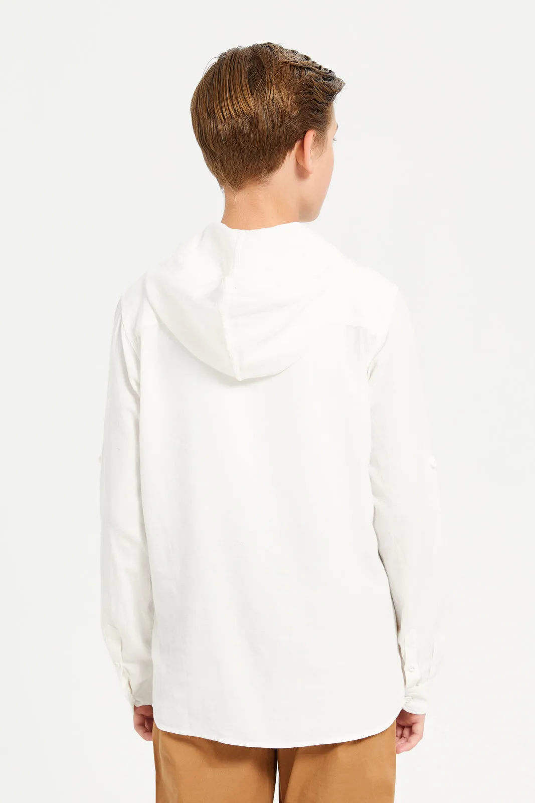 Senior Boys White Stripe Kangaroo Pocket Hooded Shirt