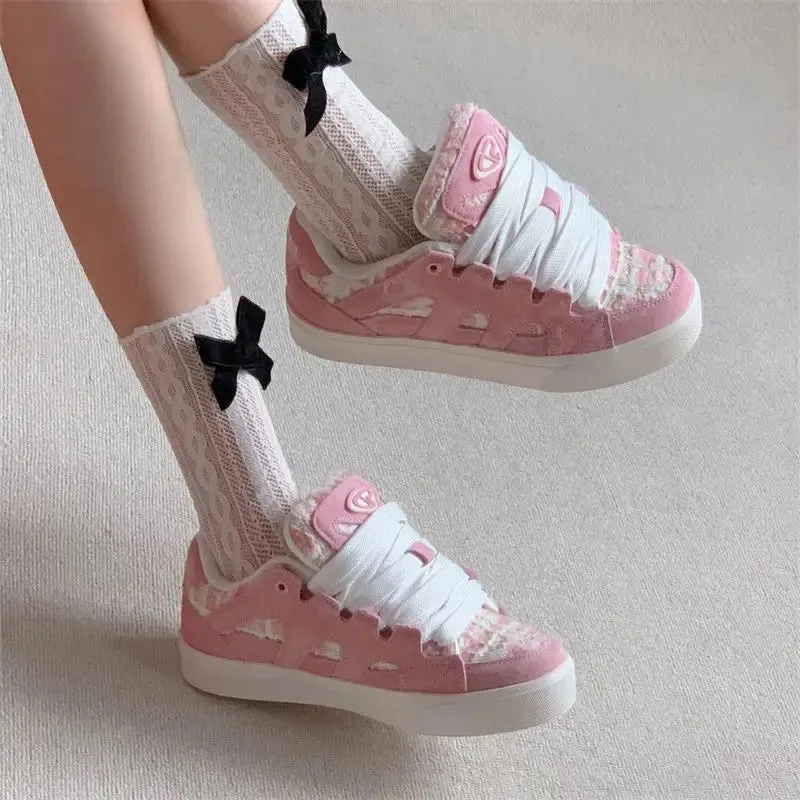 TAVIMART  -  Vintage Womens Sports Shoes Pink Design Sweet Kawaii Fashion Women Sneakers Autumn Cute PU Leather Lace Female Shoes