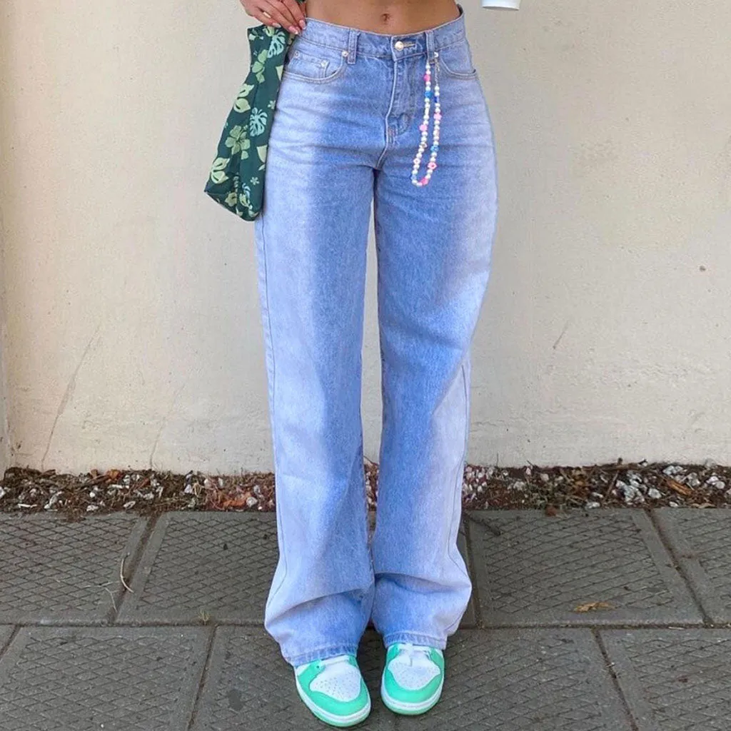 Unique Gradient High Waist Faded Straight Leg Jeans - Blue