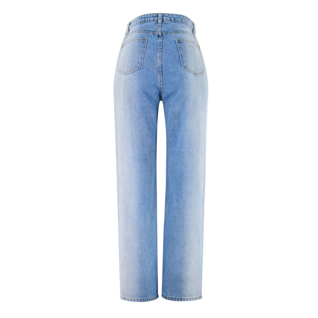 Unique Gradient High Waist Faded Straight Leg Jeans - Blue