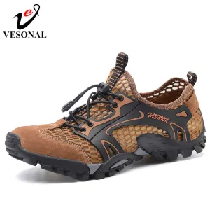 VESONAL Summer Spring Men Shoes Casual Mesh Genuine Leather Patchwork Breathable Outdoor Male Sneakers Walking Footwear