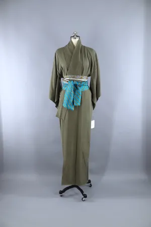 Vintage 1950s Silk Kimono Robe / Olive Army Green