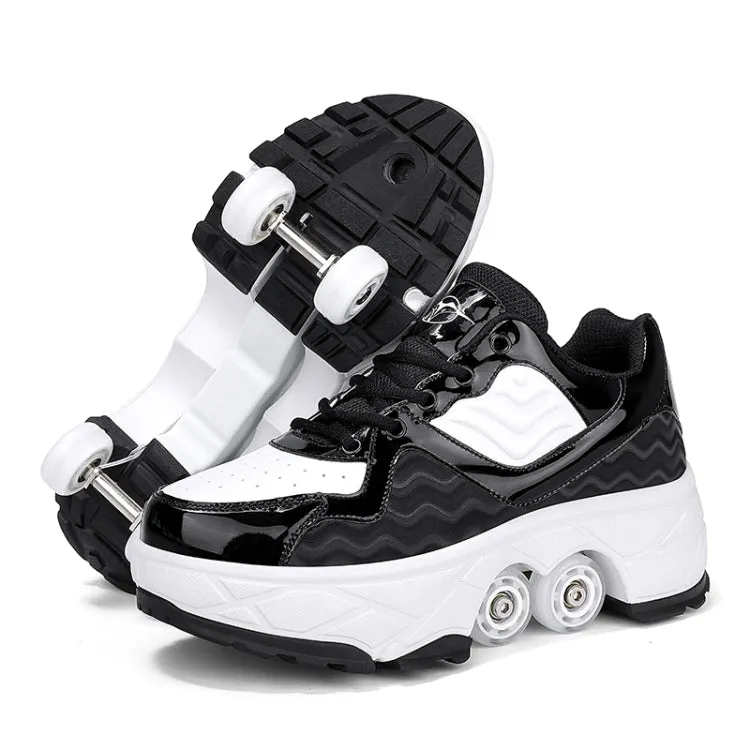 With Brakes Deformable Four-wheel Retractable Double-row Dual-purpose Roller Skates, Size: 35(DF08 Black)