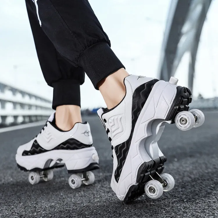 With Brakes Deformable Four-wheel Retractable Double-row Dual-purpose Roller Skates, Size: 35(DF08 Black)